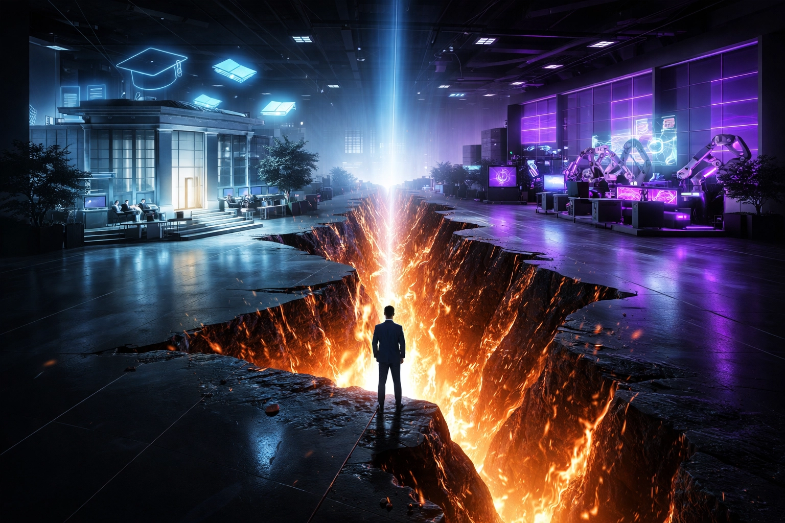 Futuristic chasm between university and corporate office symbolizing the campus-to-career gap costing companies millions