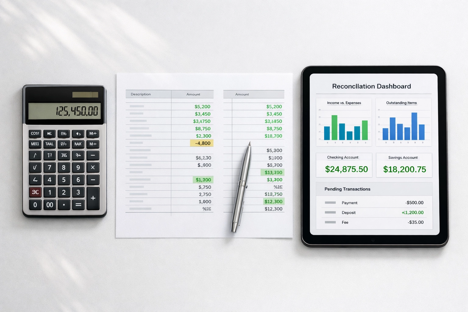 Financial calculator and tablet showing bank product reconciliation dashboard for tax refund tracking