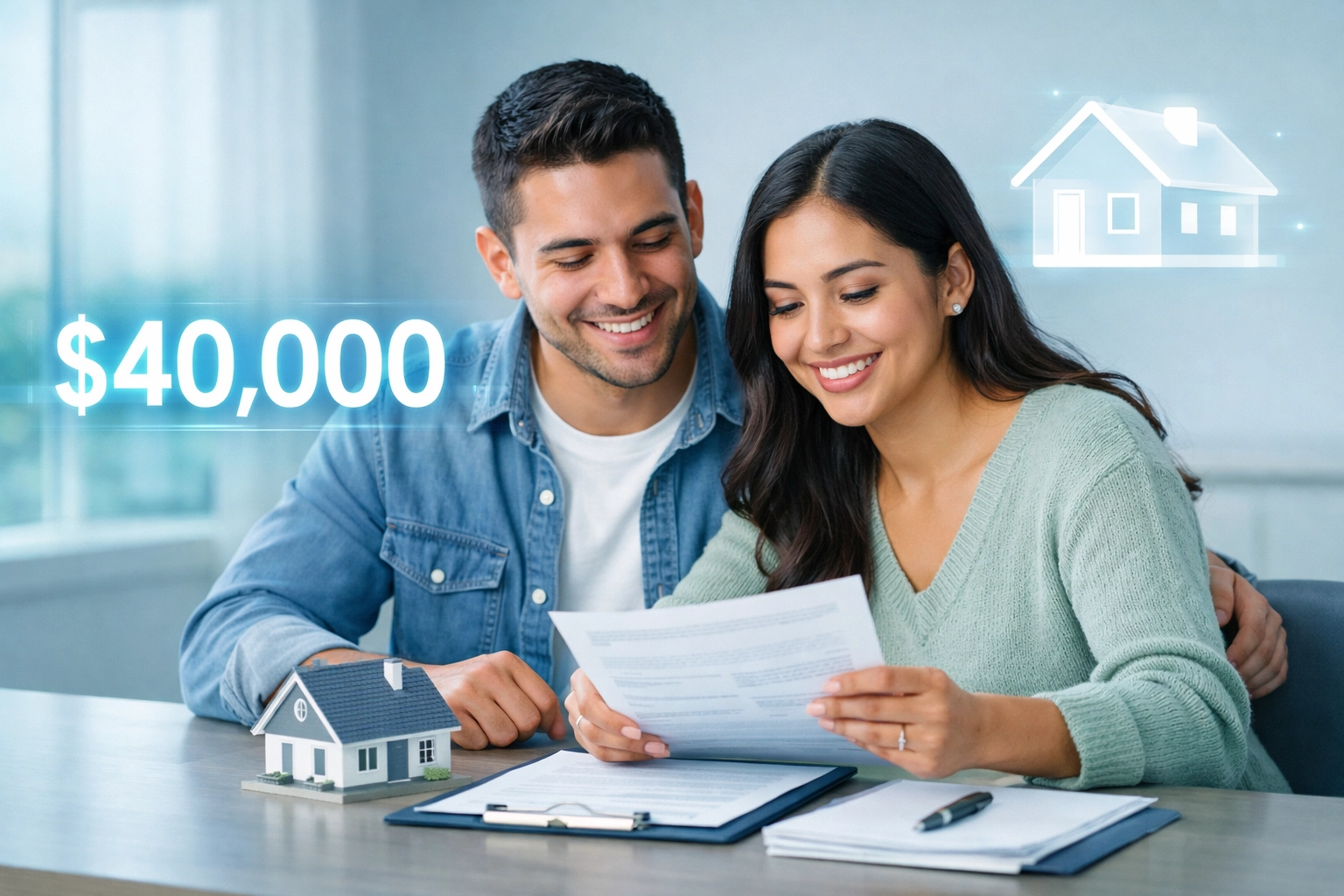 Pareja hispana planificando finanzas e impuestos a la propiedad con deducción SALT de $40k