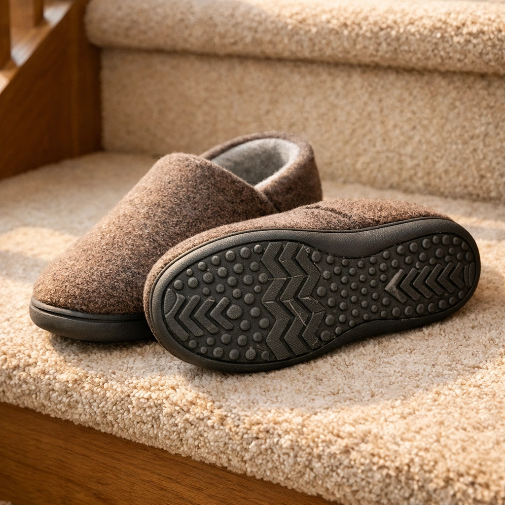 Non-slip indoor shoes on carpeted stair step demonstrating proper footwear for fall prevention