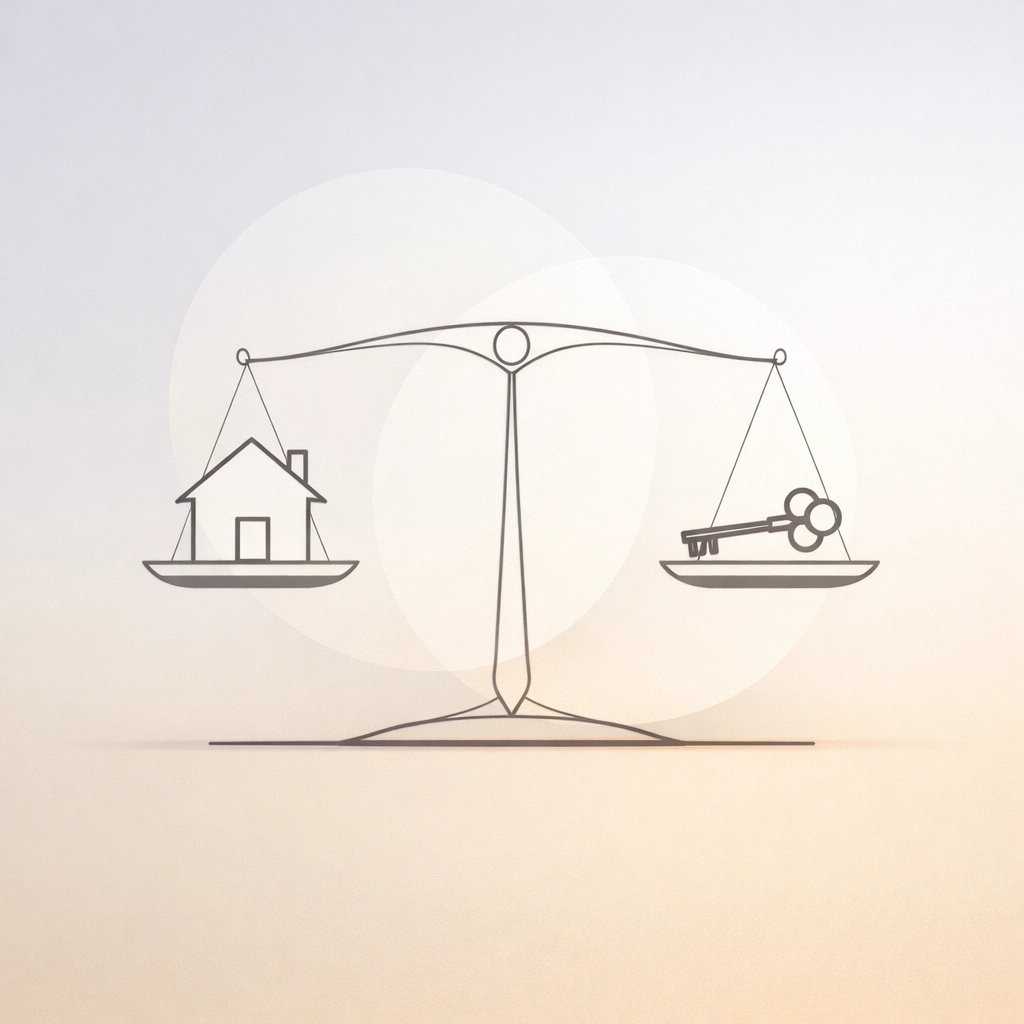 Balanced scale with a house and key representing a fair and stable Spokane housing market in 2026.