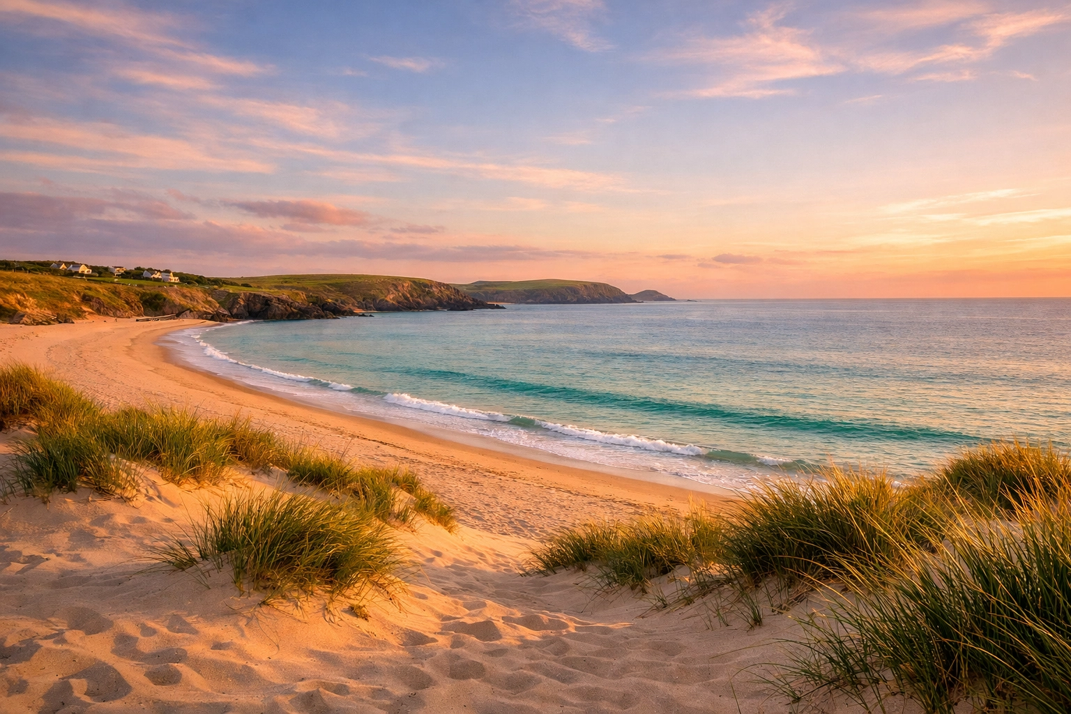 Serene view of Harlyn Bay beach in Cornwall, a calm coastal location for scattering ashes at sunset.