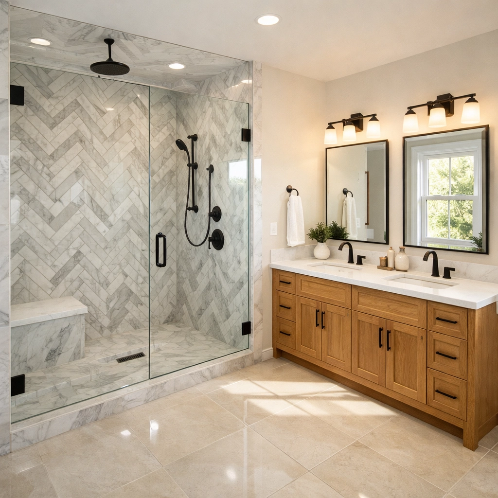 Luxury Columbus bathroom remodel featuring a marble walk-in shower and natural oak vanity with quartz counters.