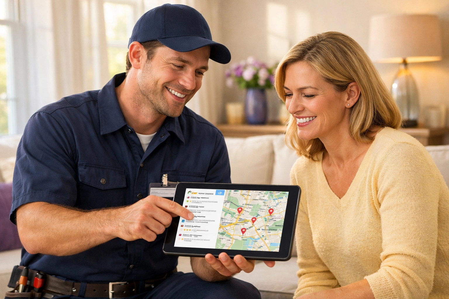 A service technician showing local search results on a tablet to a homeowner to build visual trust.