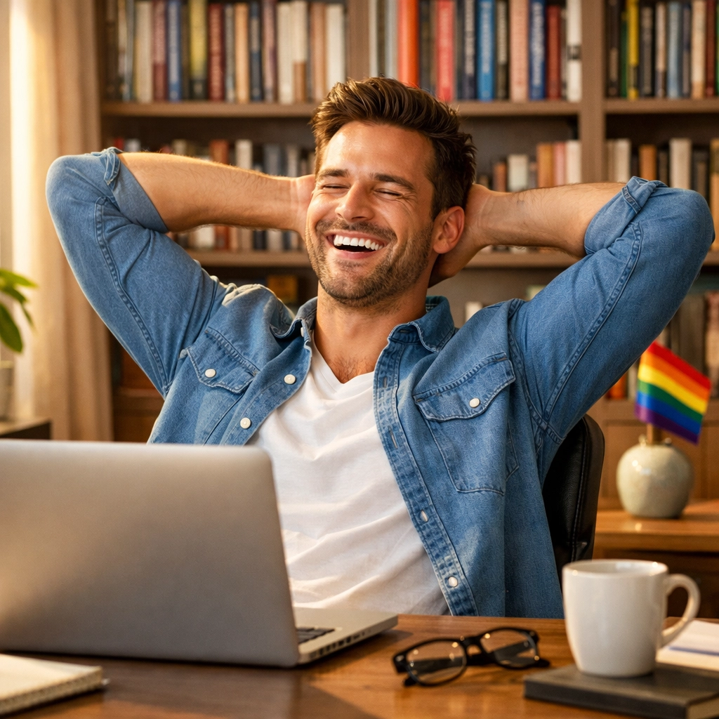 Joyful gay author in a modern office celebrating high royalties for his latest MM romance books.