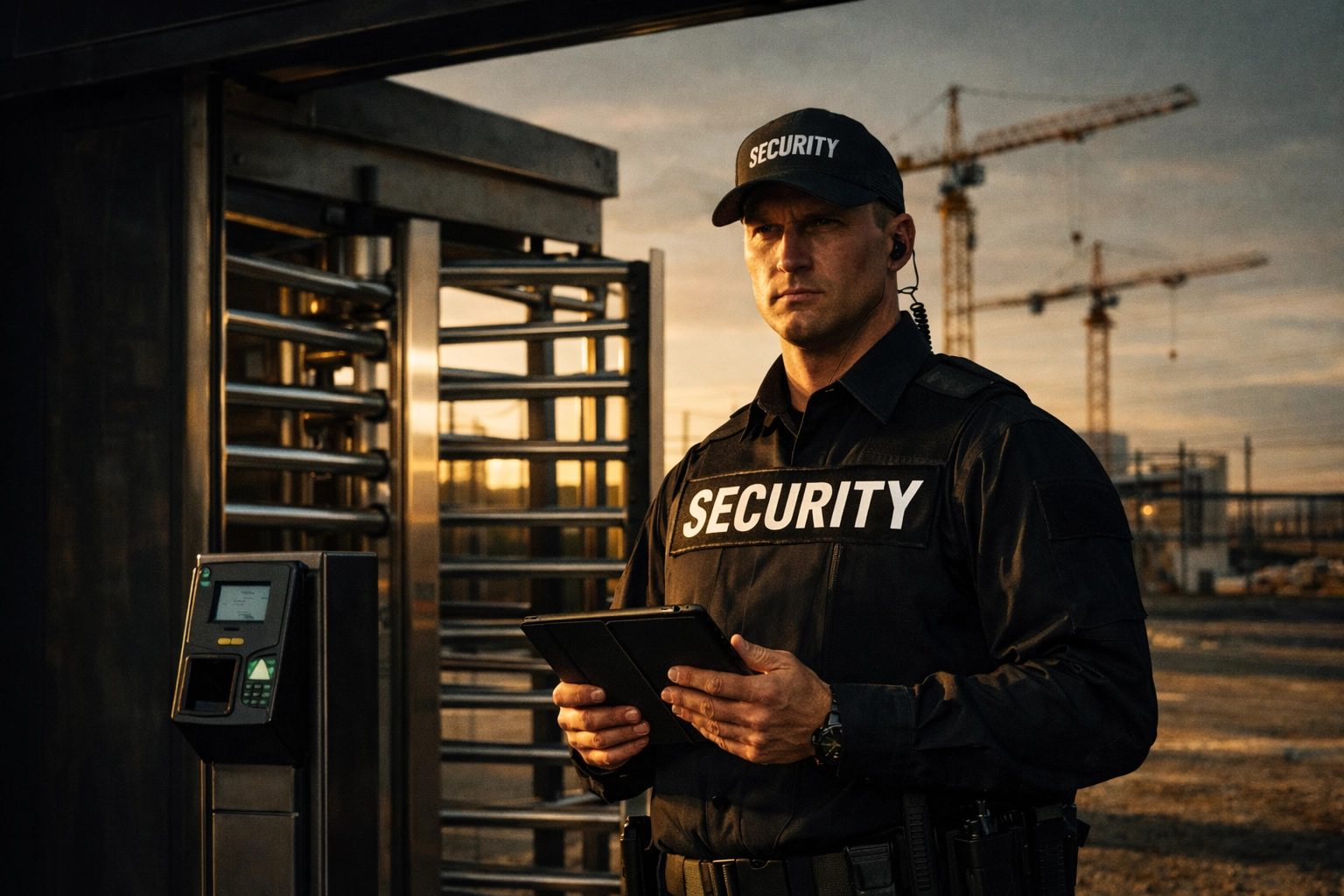 Professional security guard monitoring access control at construction site entrance gate