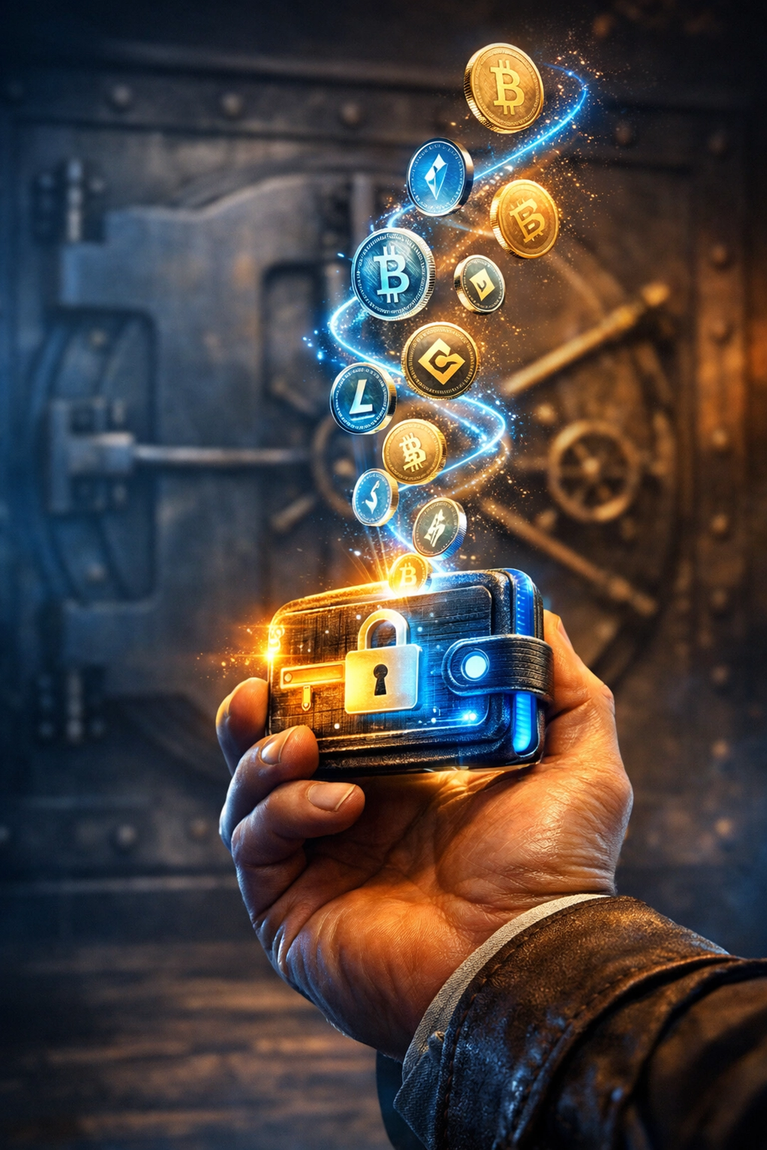 Merchant holding digital wallet keys representing self-custody crypto payment control and ownership