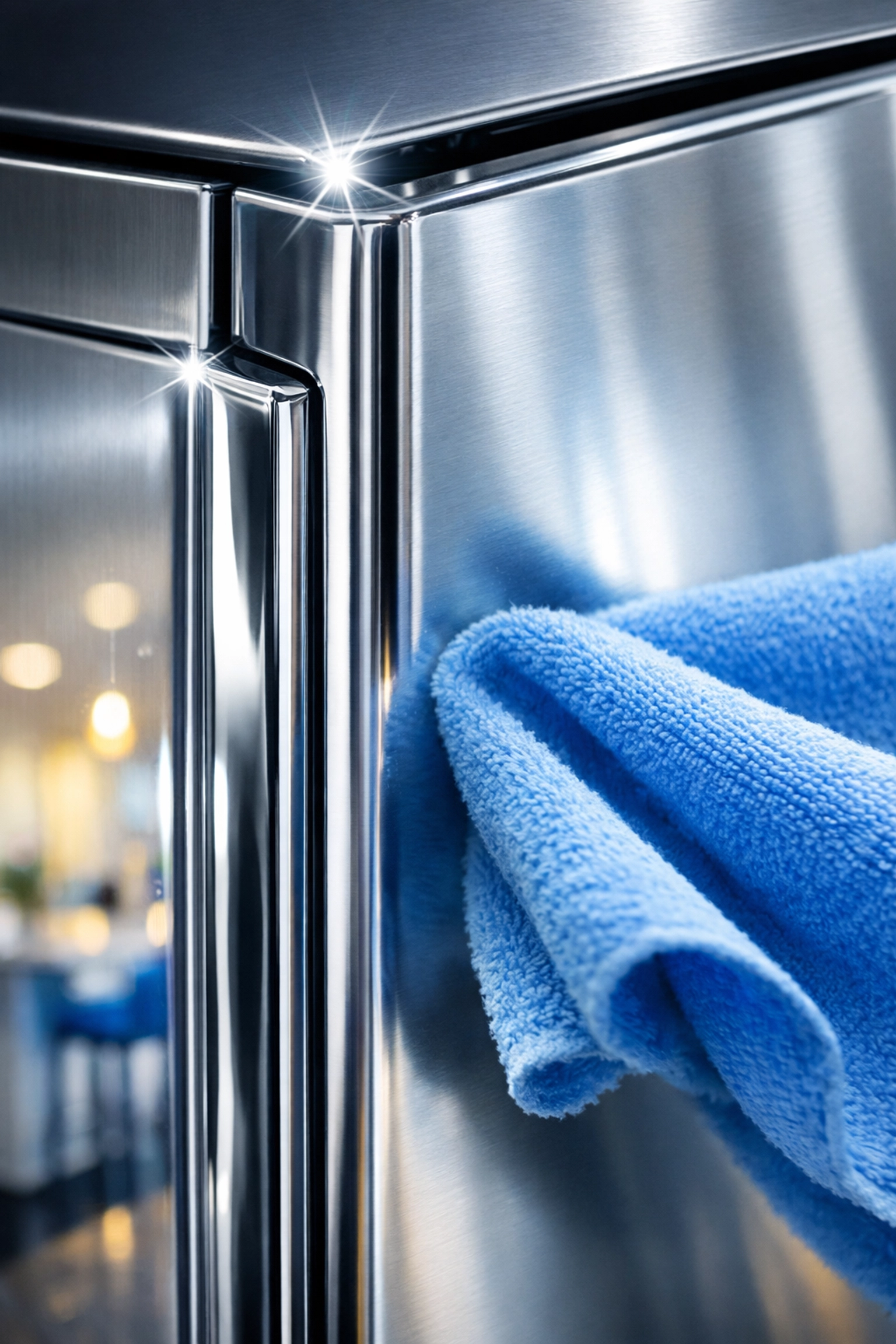Cleaning a stainless steel refrigerator handle with a microfiber cloth for a smudge-free finish.