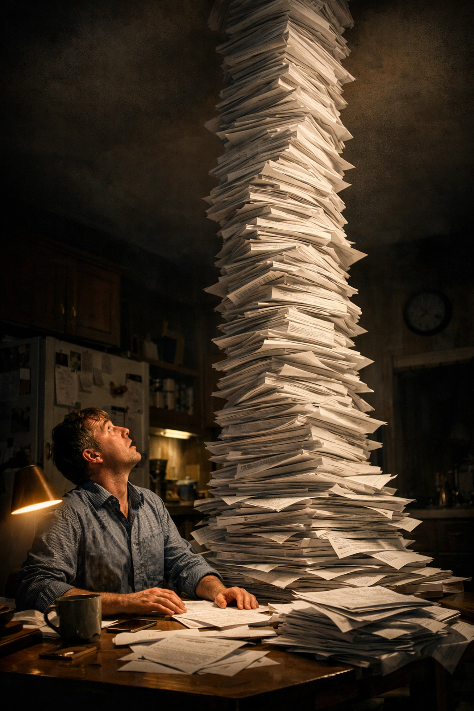 Man overwhelmed by towering loan paperwork, showing how debt terms shape financial choices