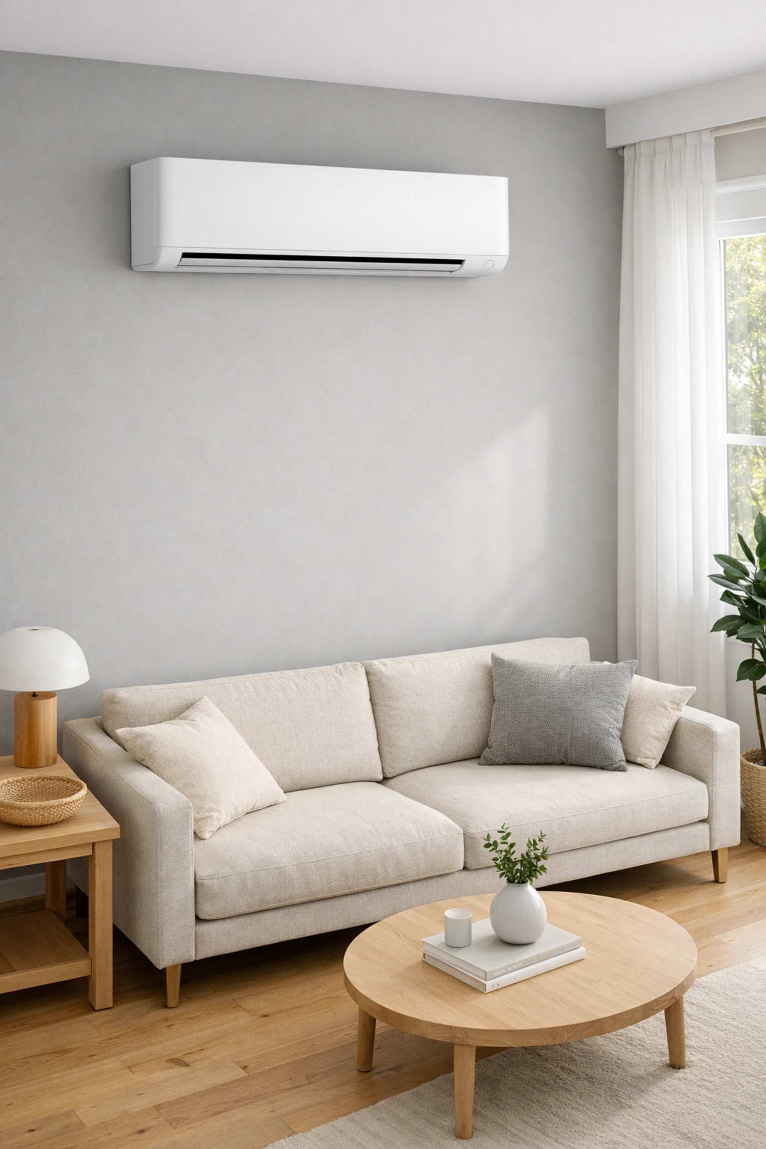 Sleek ductless mini-split unit mounted in a modern living room for efficient home heating and cooling.