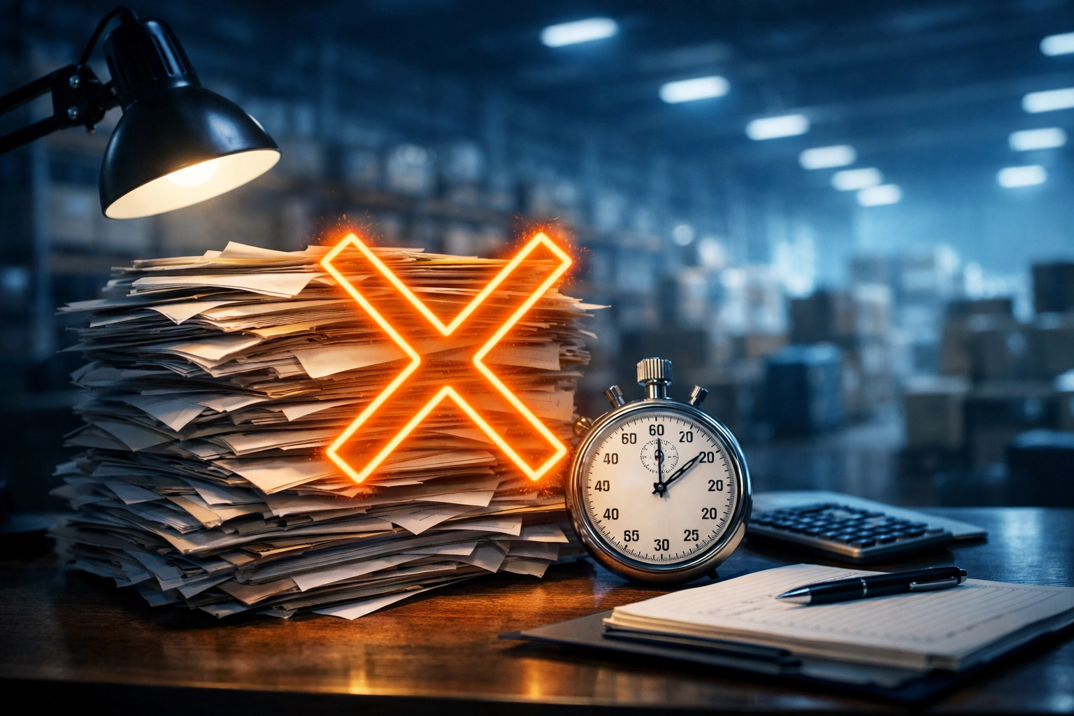 Inefficient manual inventory management at a cluttered warehouse desk showing the hidden costs of DIY logistics.