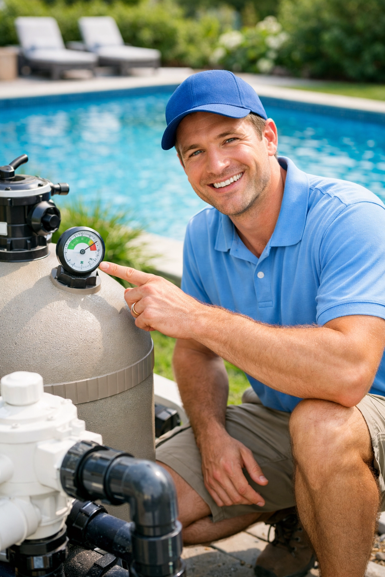 Professional pool cleaning service technician inspecting backyard pool equipment with honesty.