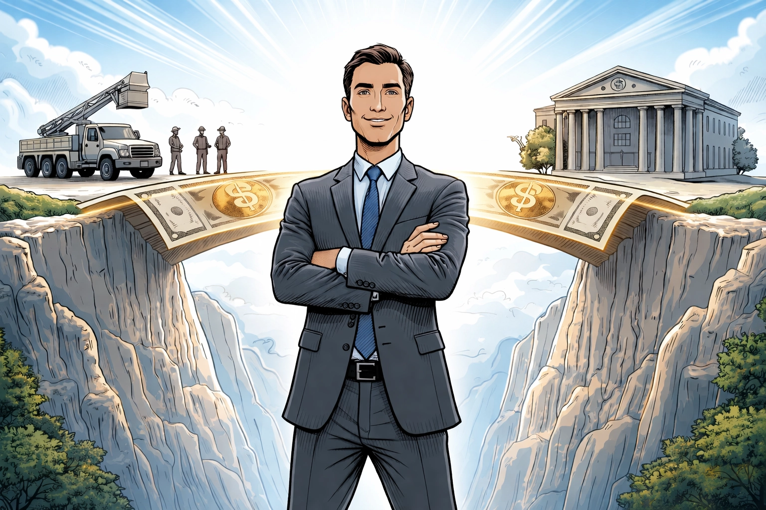 Confident business owner with a bridge made of money connecting work crews and a bank, symbolizing payroll finance solutions.