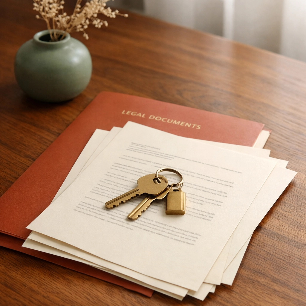 Legal folders and house keys on a professional wooden desk, representing domestic violence and child custody in Fredericksburg.