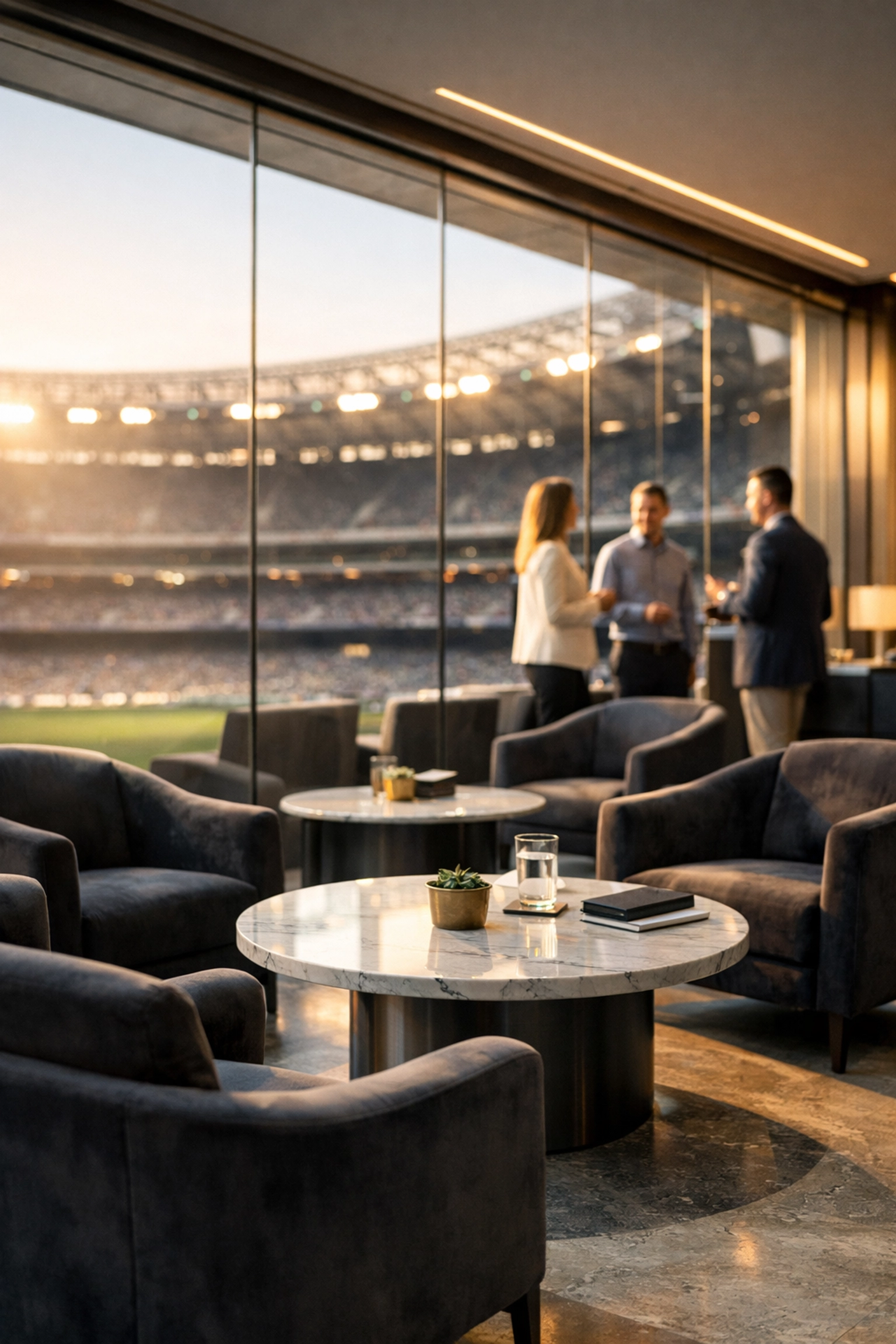 Glass-walled Super Bowl skybox executive lounge for VIP hosting and high-end corporate networking