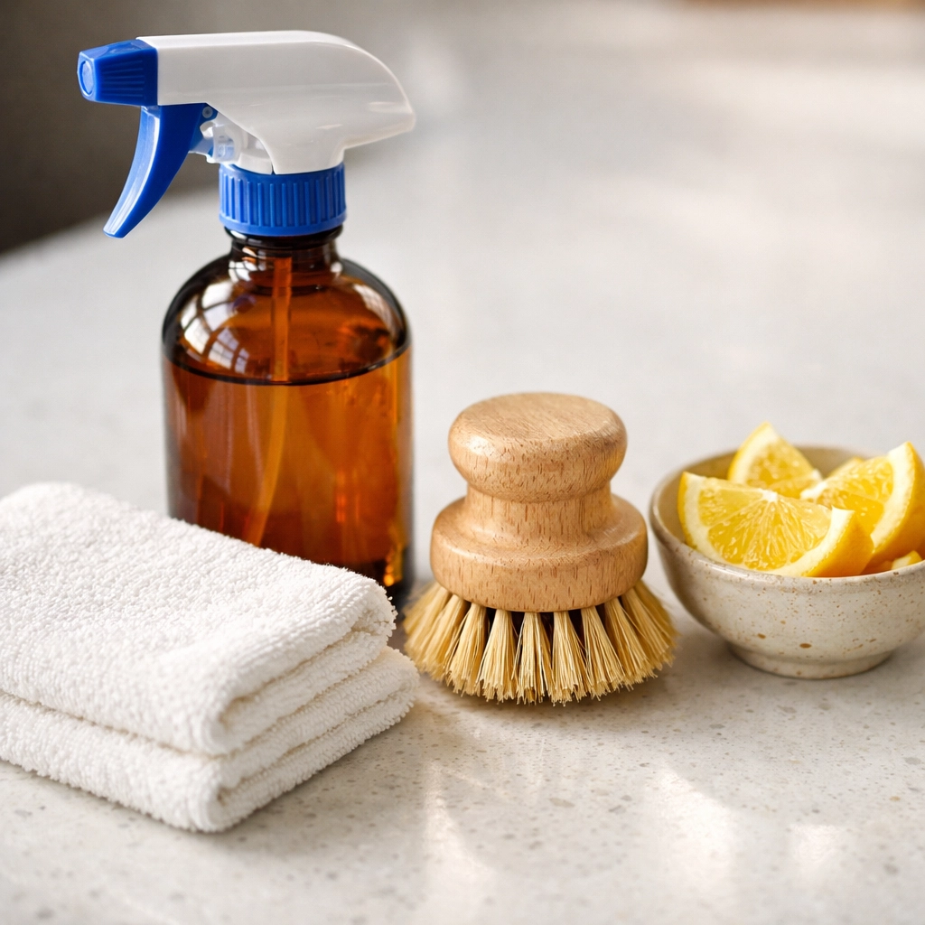 Eco-friendly green cleaning supplies and natural tools on a clean quartz surface for a sustainable home.