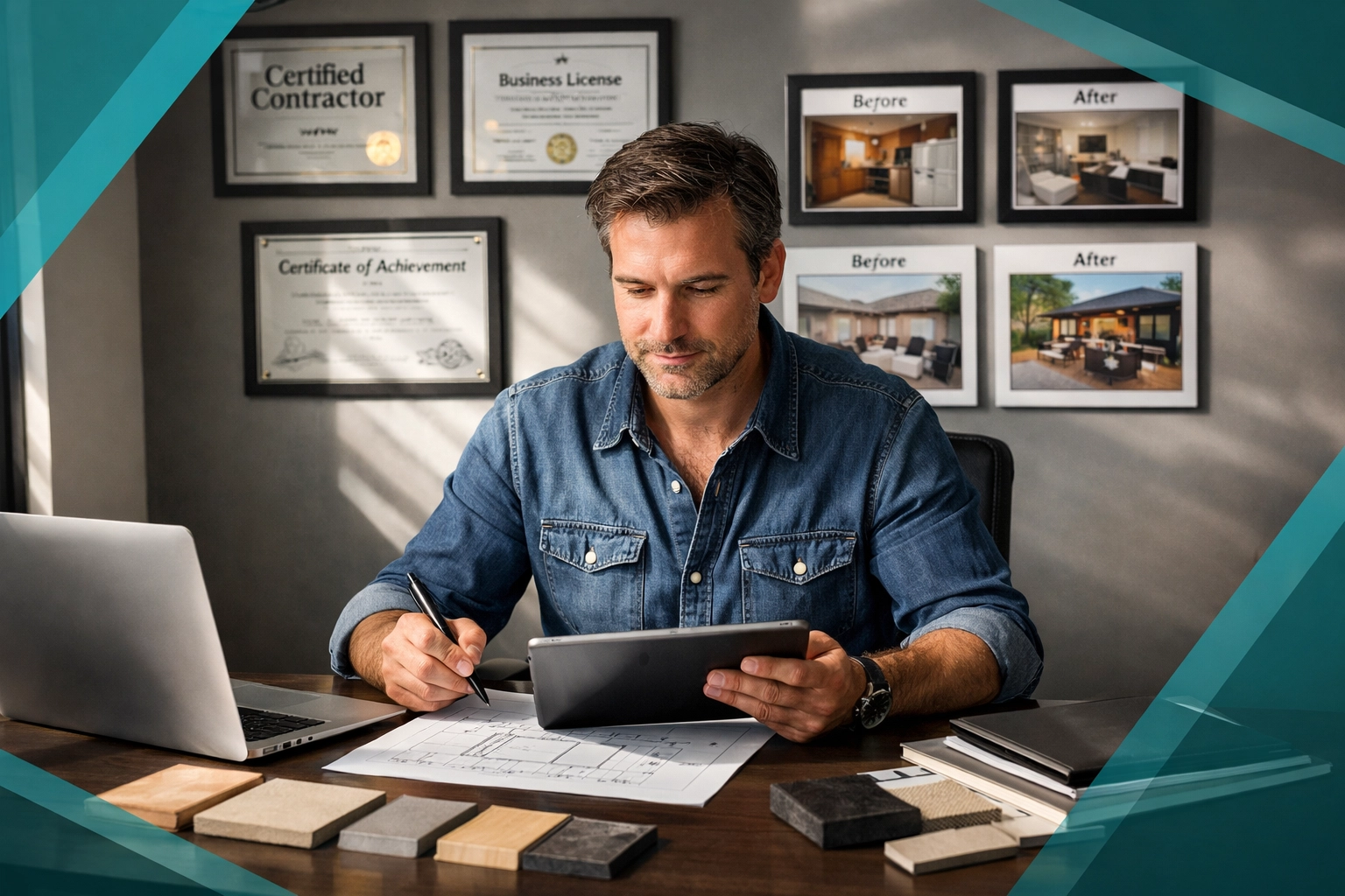 Contractor reviewing project plans with certifications displayed on office wall