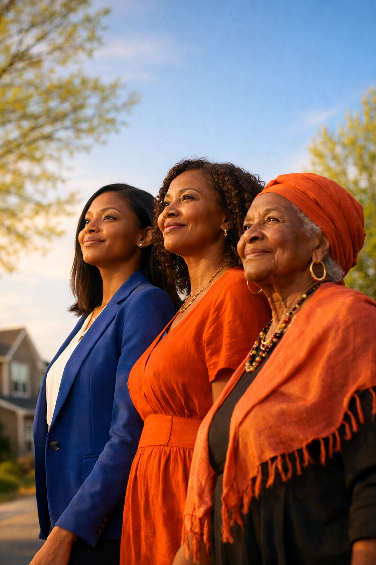 Multi-generational Black women standing together in Burlington County, looking toward a hopeful future.