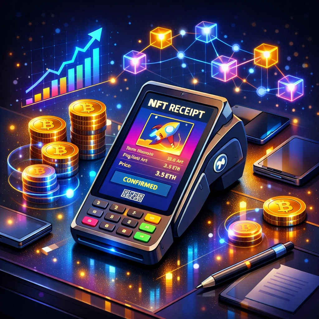 Crypto point-of-sale terminal displaying NFT receipt with blockchain payment processing visuals