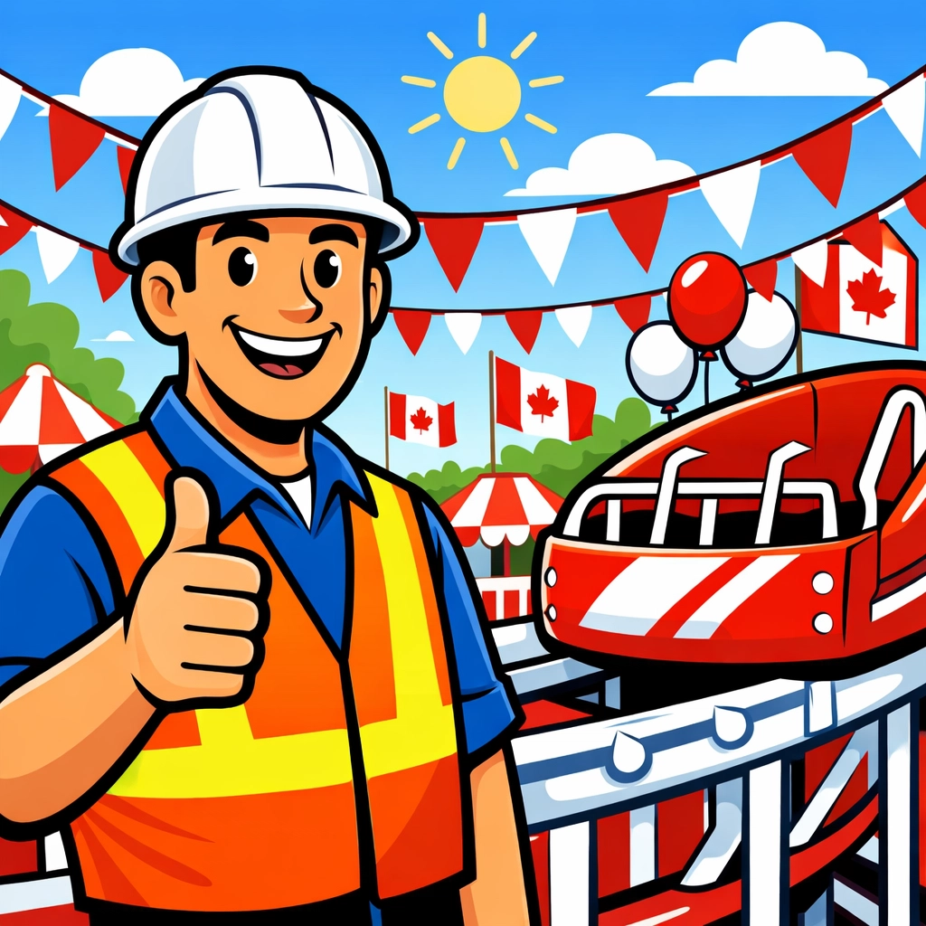 Professional safety inspector ensuring TSSA compliance for Canada Day festival amusement ride rentals.