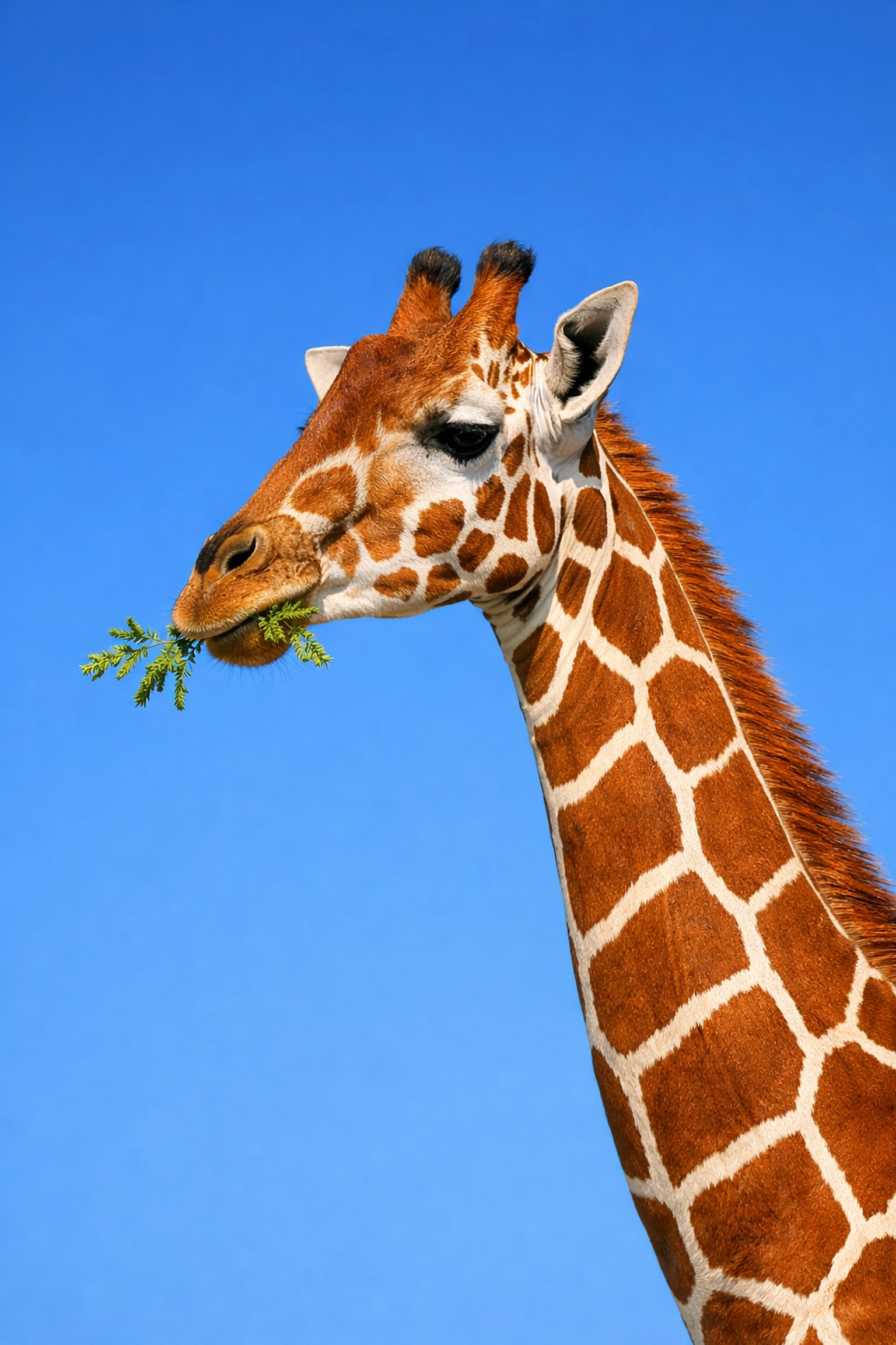Reticulated giraffe head showing unique geometric patterns against a clear blue sky for zoo engagement.