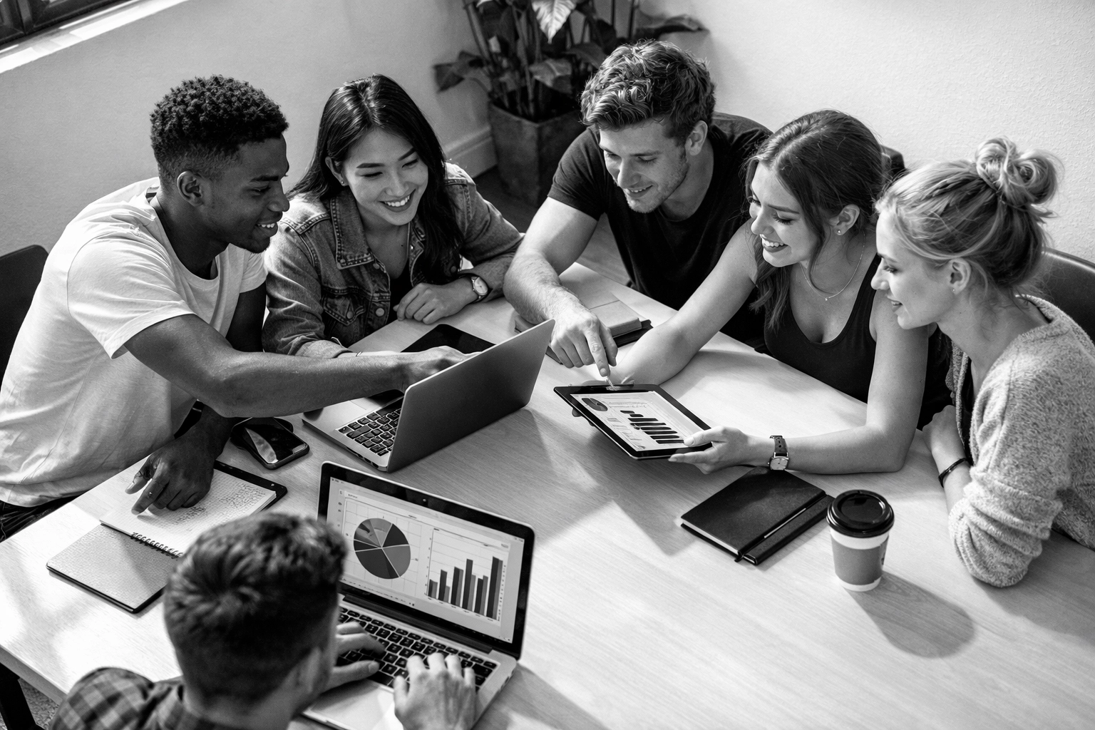 Young professionals collaborating on talent development project in modern workspace