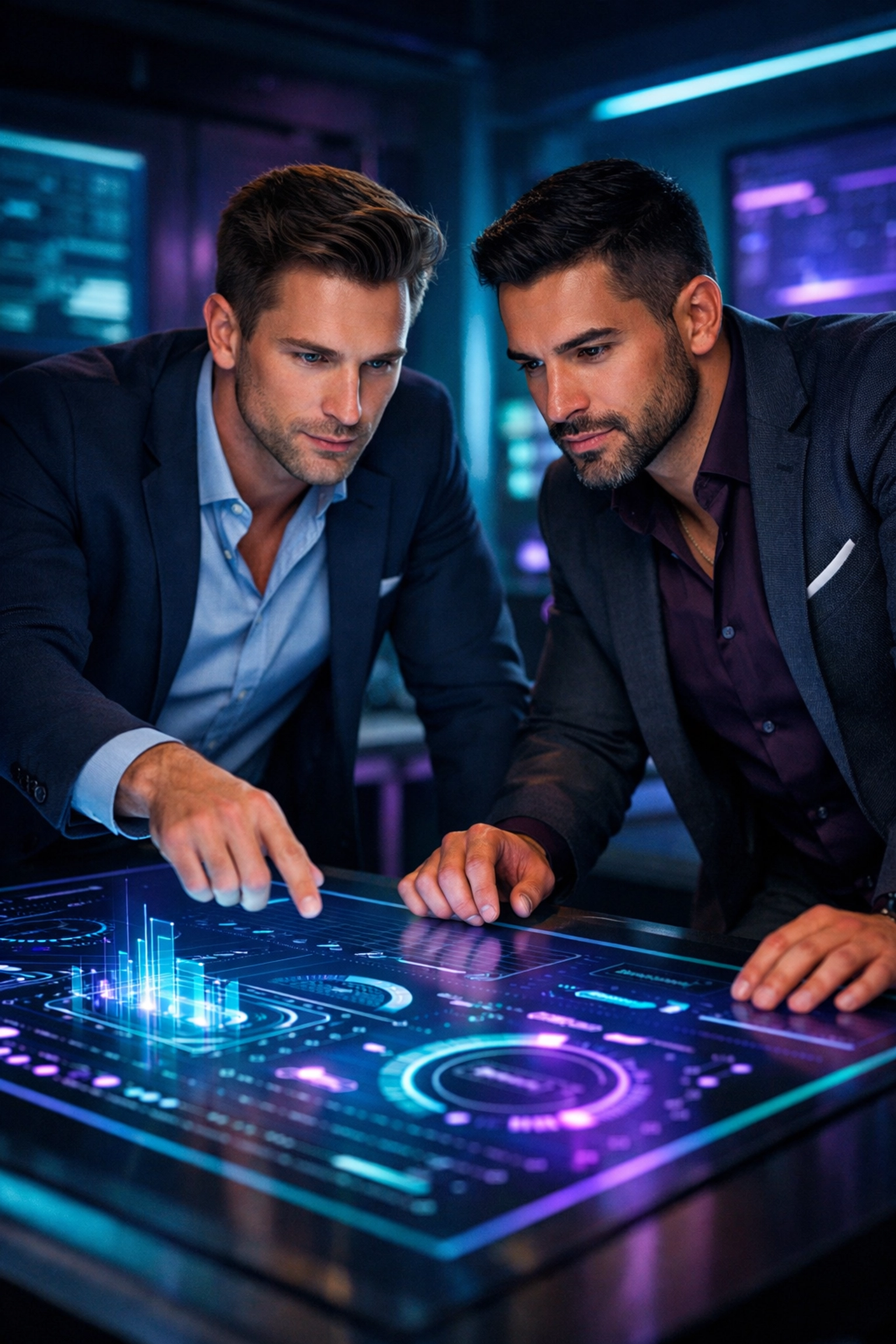 Two gay professionals collaborating in a studio, demonstrating expertise and career value.