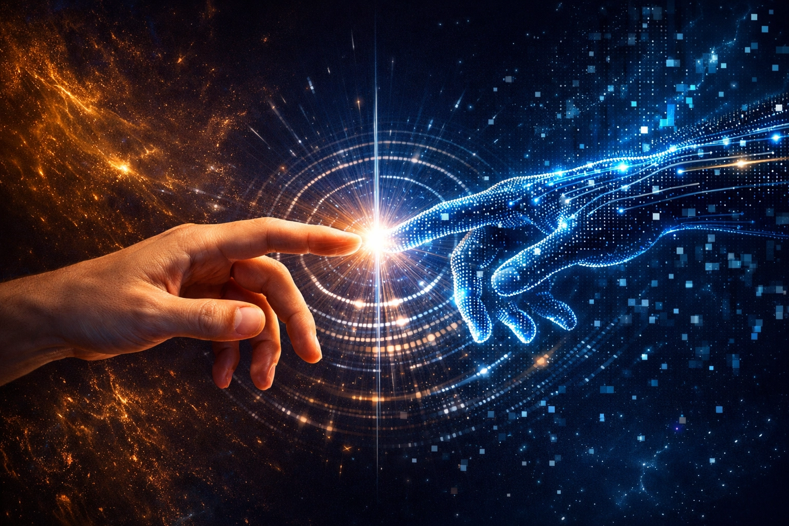 Human hand reaching for a digital circuit hand, symbolizing the connection between tech and intimacy.