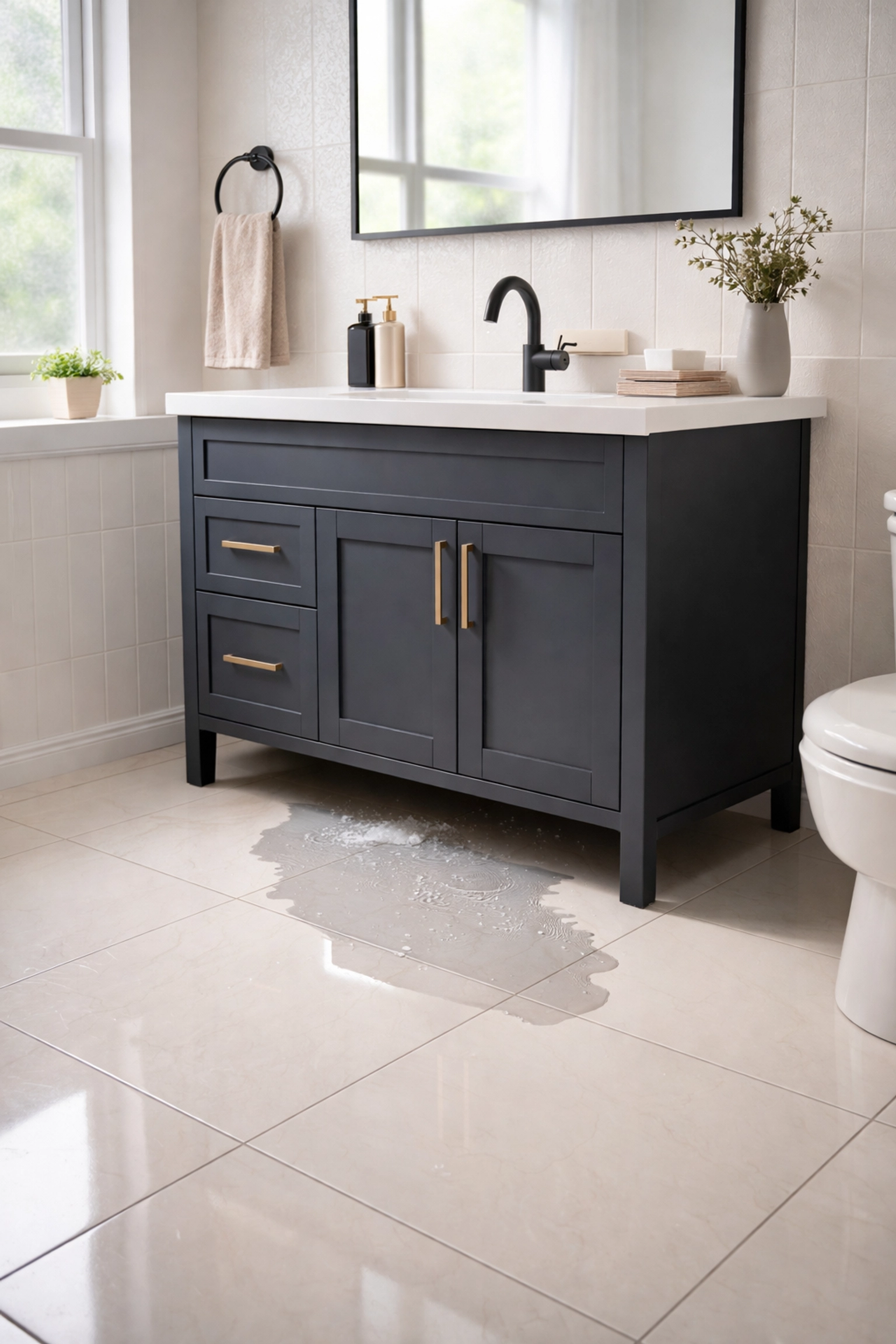 Modern bathroom with matte black fixtures, gold accents, and a visible water leak highlighting maintenance issues