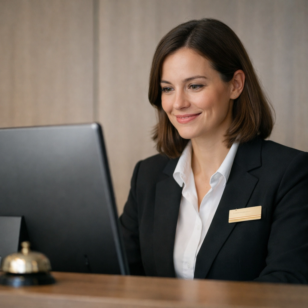 Hotel receptionist providing guest service using an intuitive hotel PMS system.
