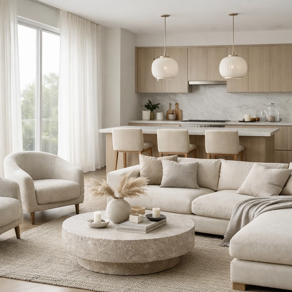 Luxurious open-concept kitchen and living room featuring minimalist furniture and airy natural light.