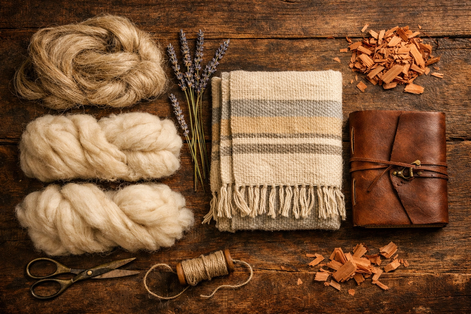 Overhead view of raw sustainable materials and finished artisan textiles on a rustic wood surface