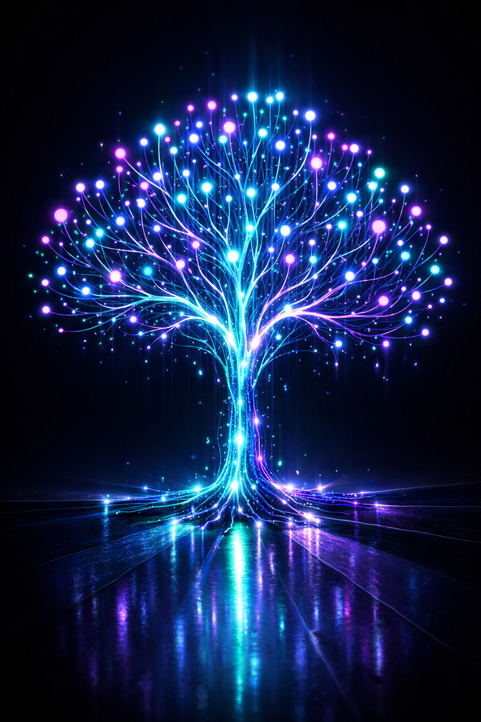 Neon fiber-optic neural tree symbolizing the growth of long-term technical mastery and memory retention.