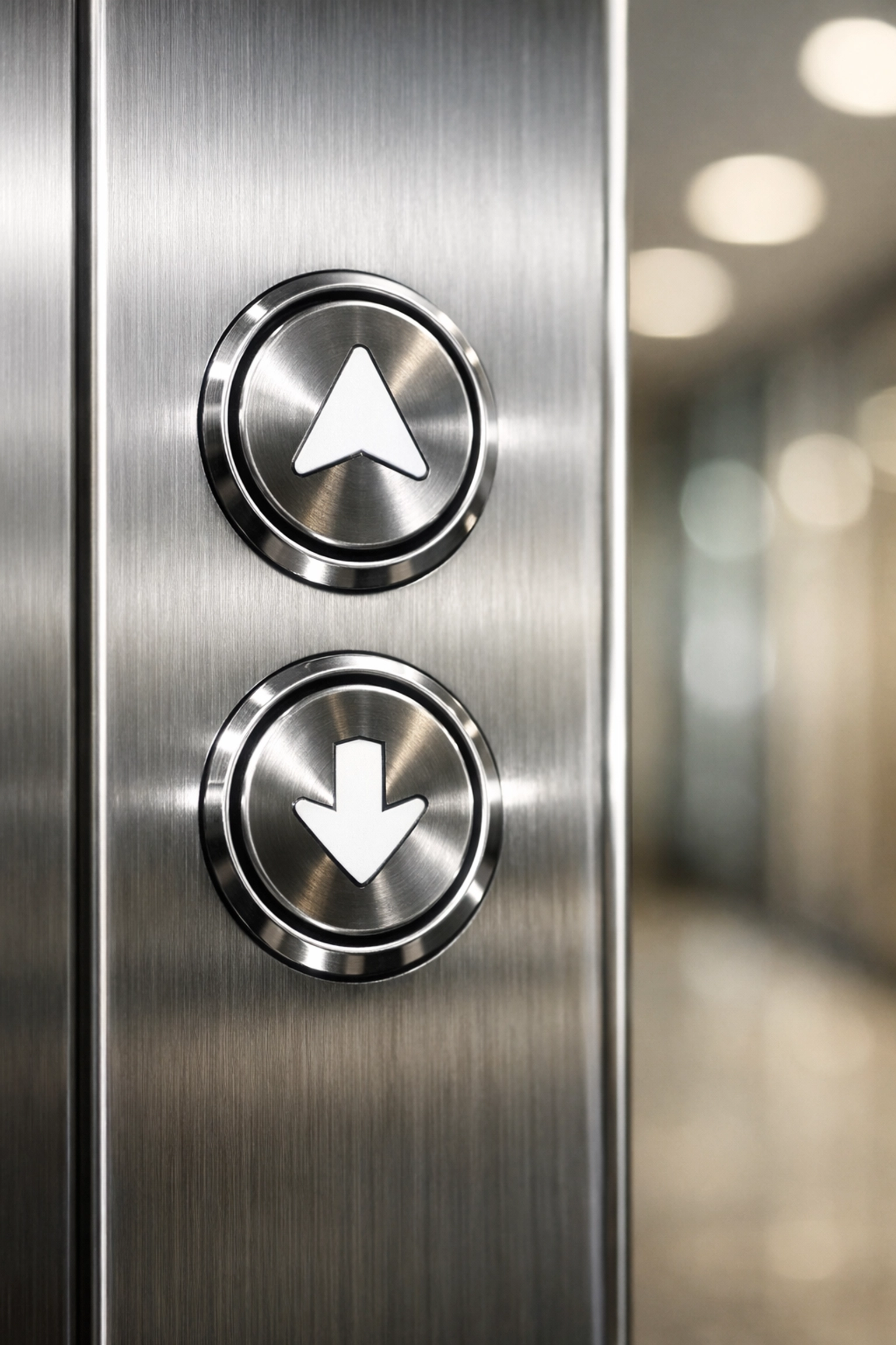Sanitized stainless steel elevator buttons in a Detroit corporate office showing high-touch surface cleaning.