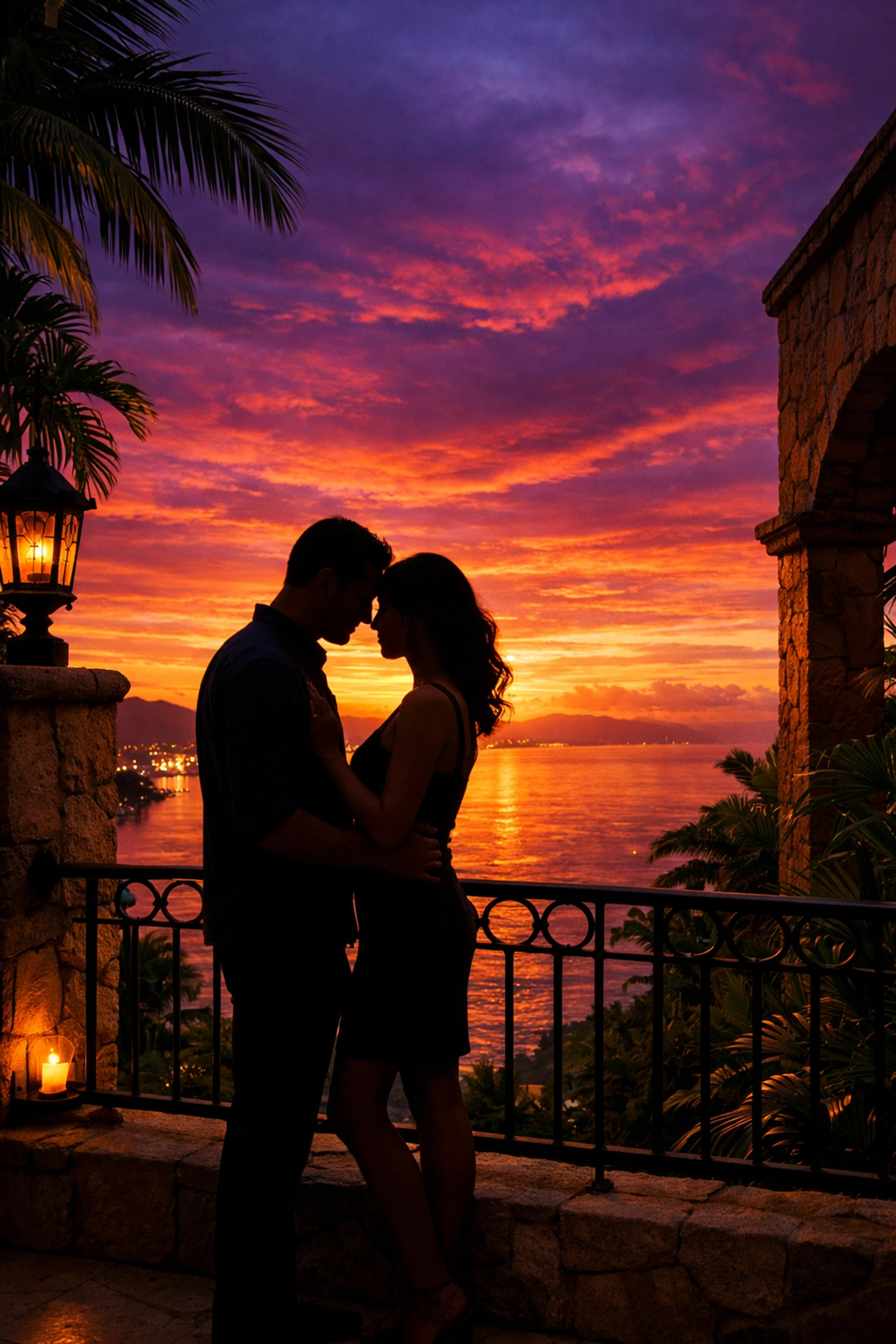 Couple watching a romantic sunset over Banderas Bay from a private balcony in the Amapas hills