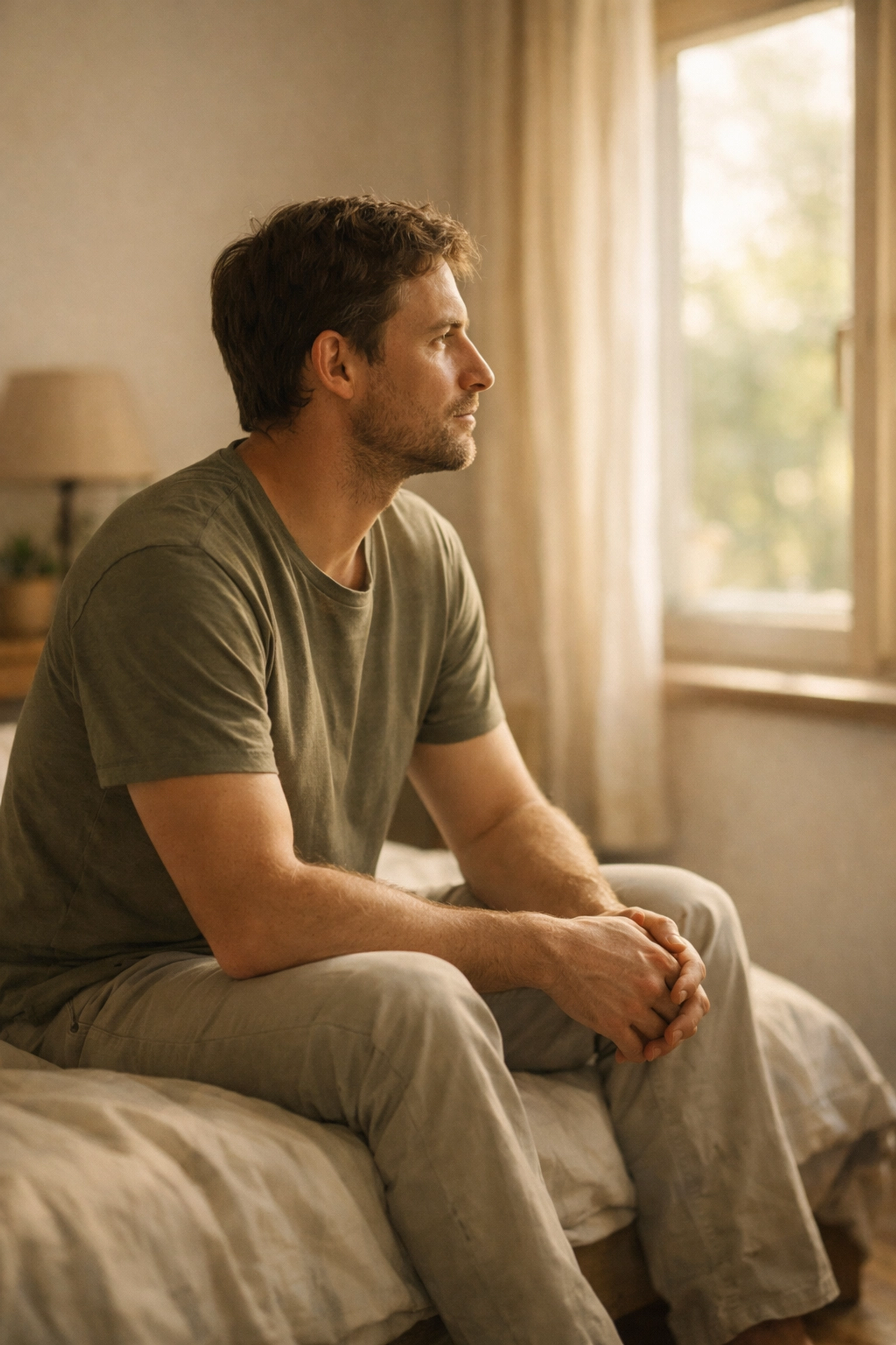Gondterhelt férfi az ágy szélén, merevedési zavar miatti vívódás és szakértői segítség.