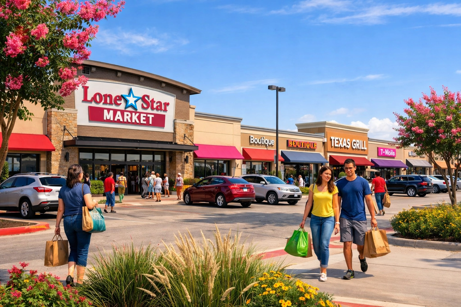 Grocery-anchored retail shopping center in Texas with parking and multiple tenants