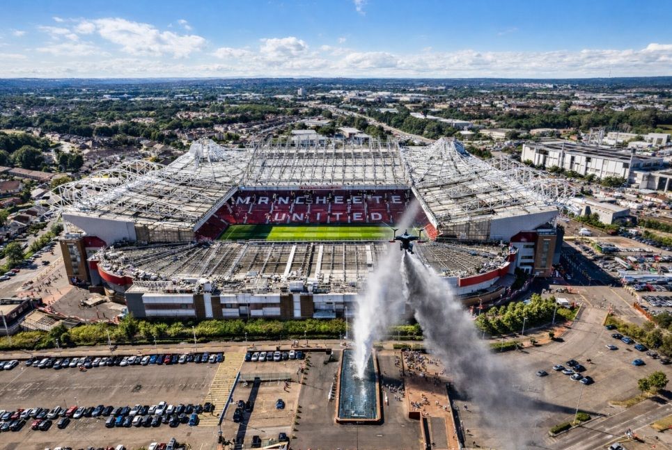 A drone releasing cremated ashes above Manchester United’s Old Trafford stadium in a personalised aerial scattering ceremony.