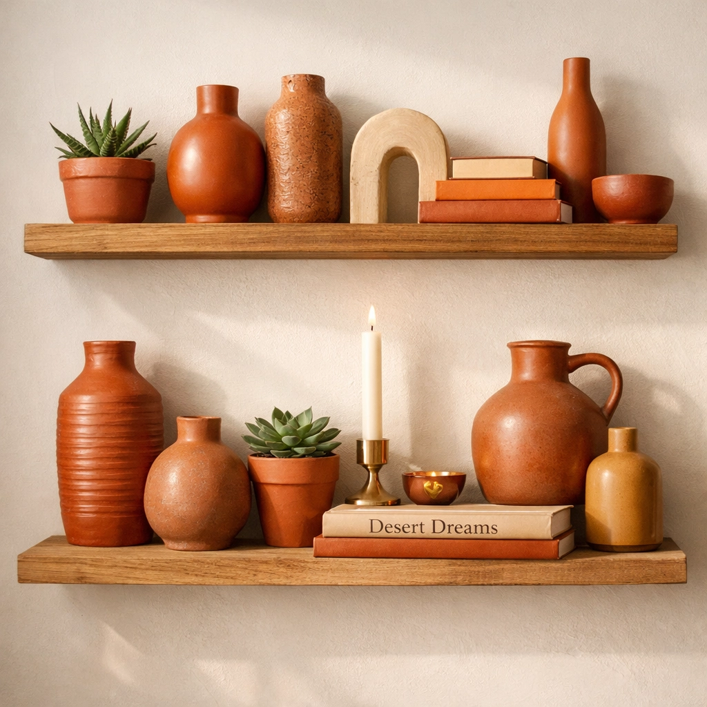 Terracotta vases and accessories on shelves creating a color-drenched look for renters