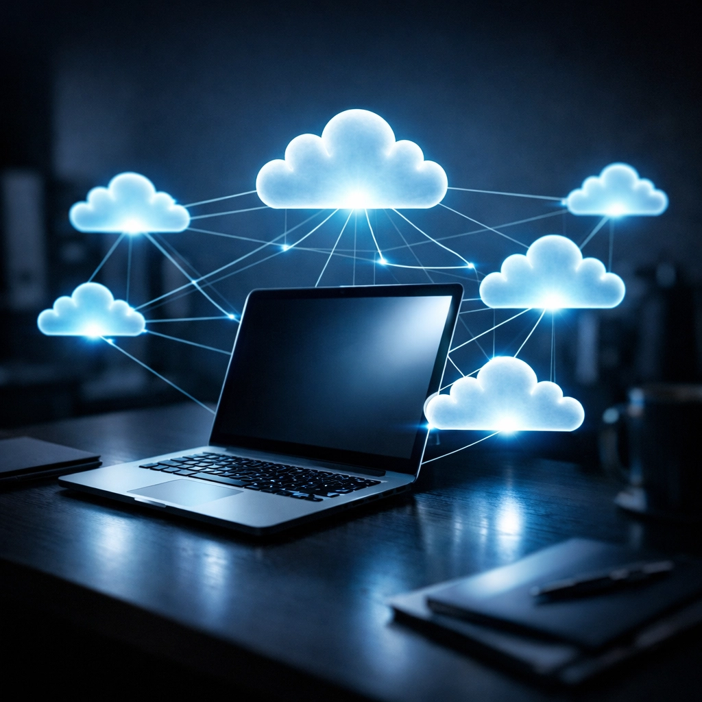 Laptop connected to cloud storage showing single point of failure in backup planning