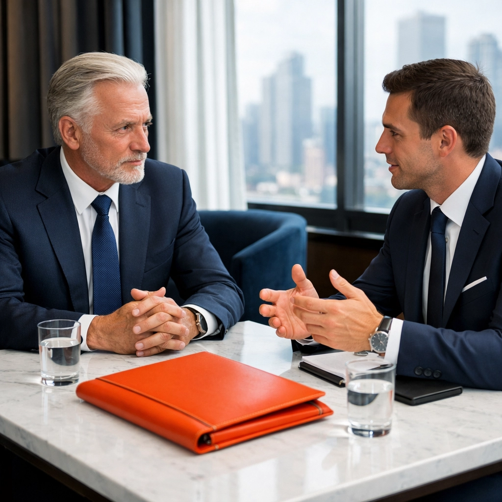 Business owner and advisor meeting privately at an off-site location for a confidential business sale.