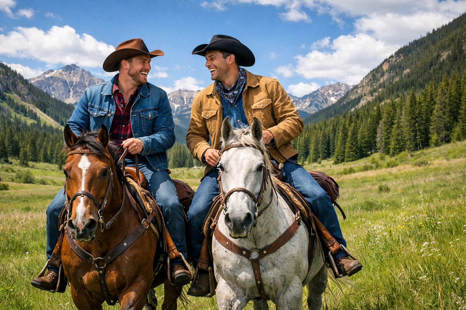 Two cowboys ride through a meadow, capturing the outdoor adventure and chemistry found in steamy MM romance novels.