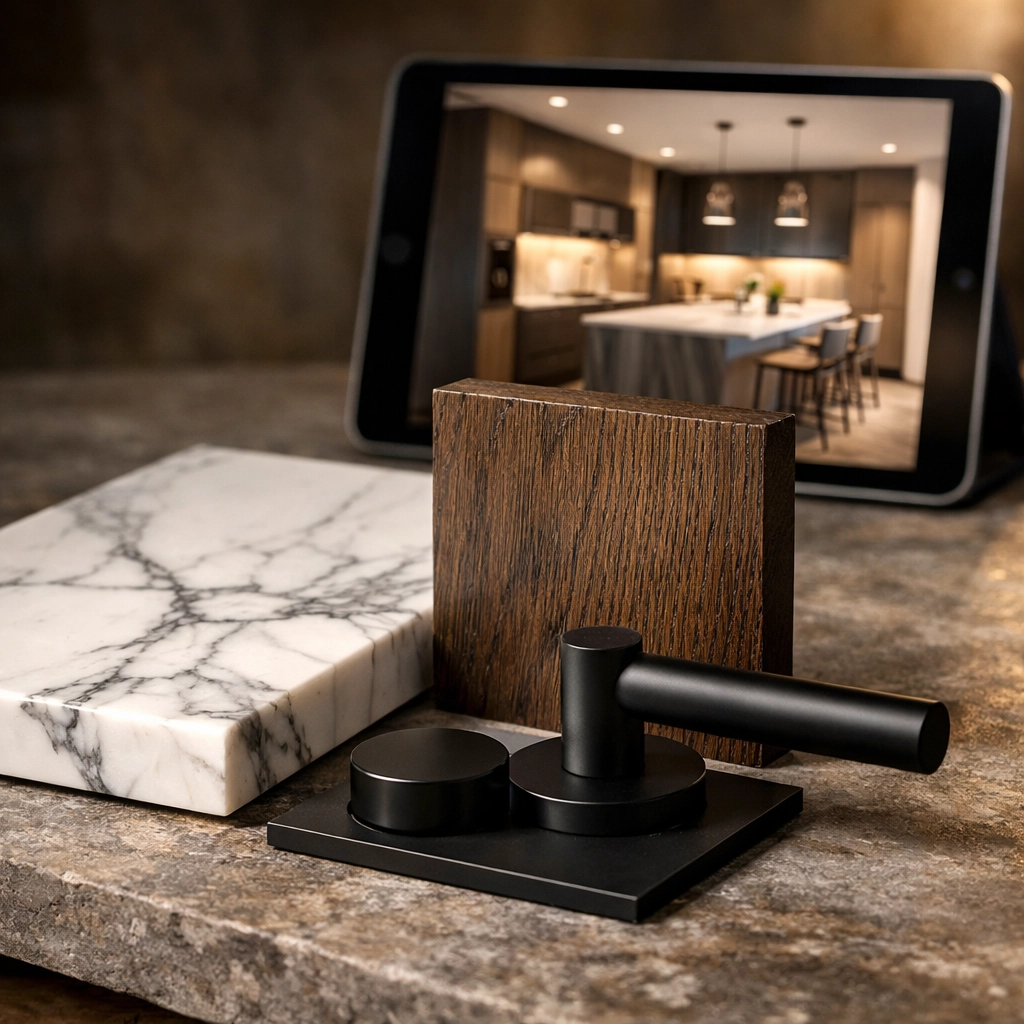 High-end construction material samples and a kitchen design layout for accurate project cost estimation.