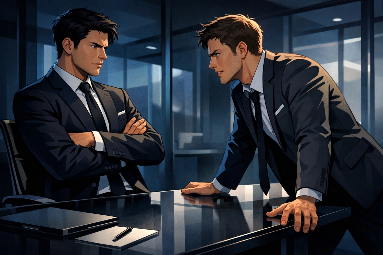 Two men in business suits facing off across office desk in MM romance workplace rivalry