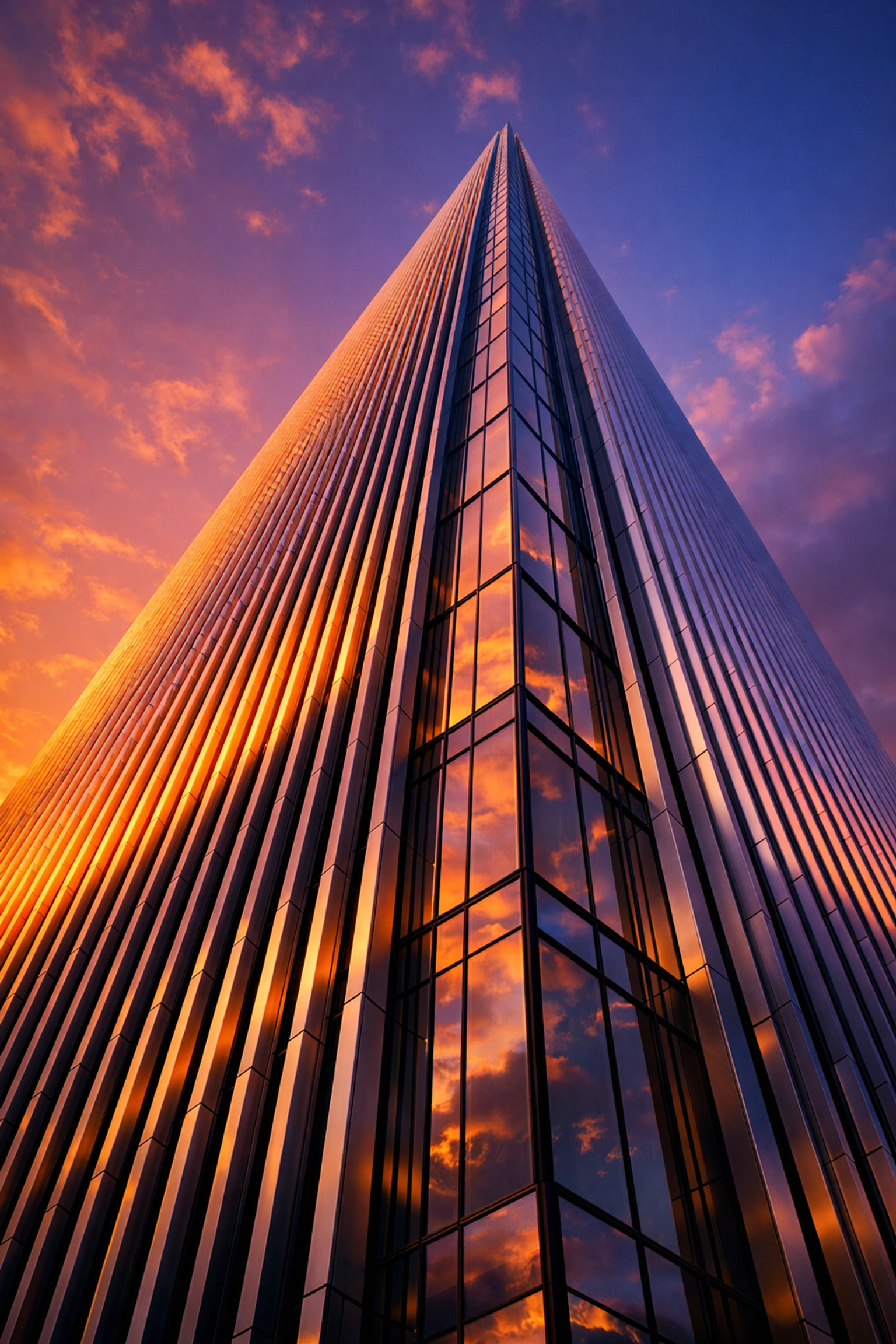 Modern skyscraper with a clean anodized aluminum facade reflecting golden hour sunset light.