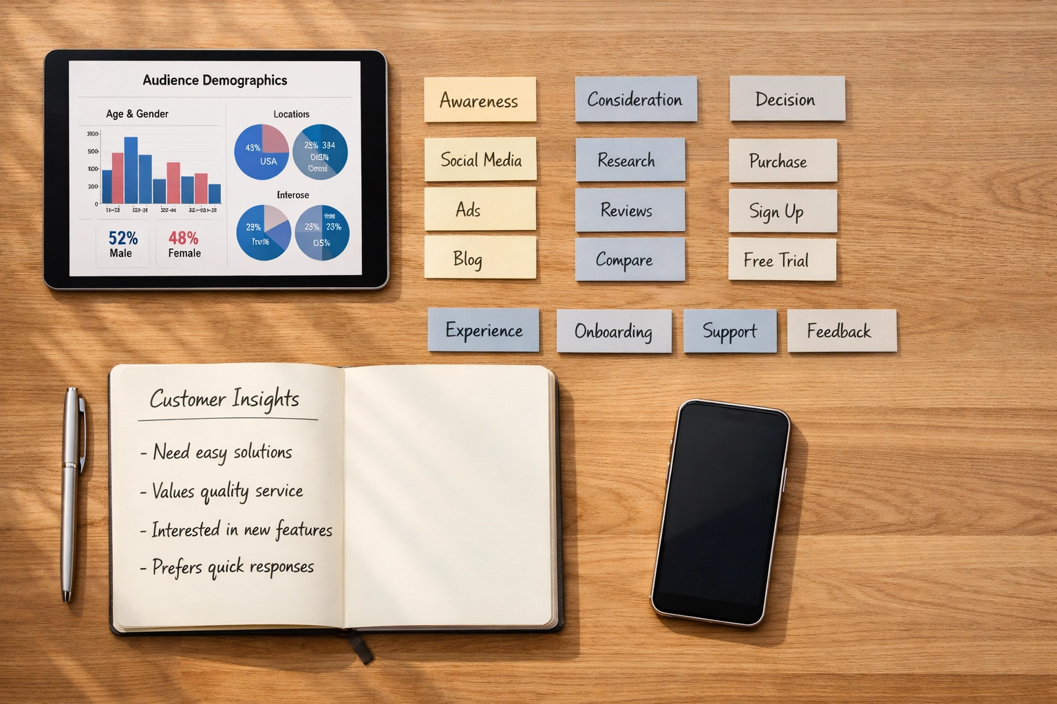 Strategic planning workspace with customer insights and marketing data for audience-first approach