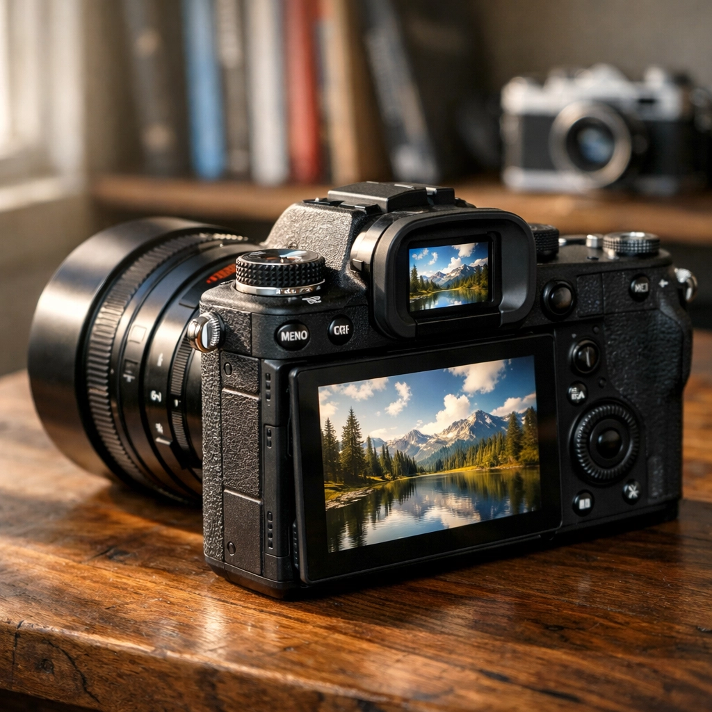 One of the best mirrorless cameras on a table showing manual mode settings on the viewfinder.