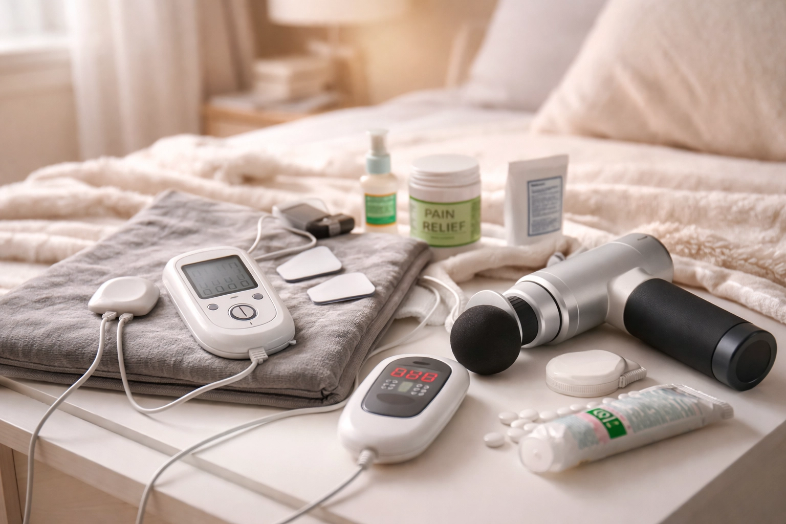 Cluttered nightstand with TENS unit, heating pad, and sciatica relief gadgets that provide only temporary pain relief