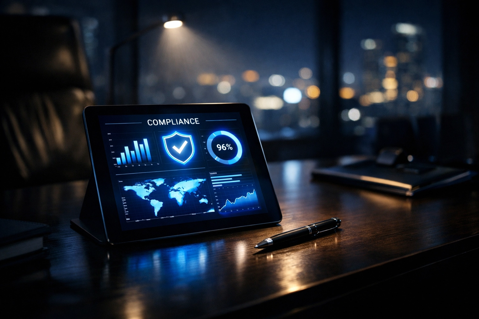 Executive reviewing CMMC compliance data for annual SPRS affirmation signing