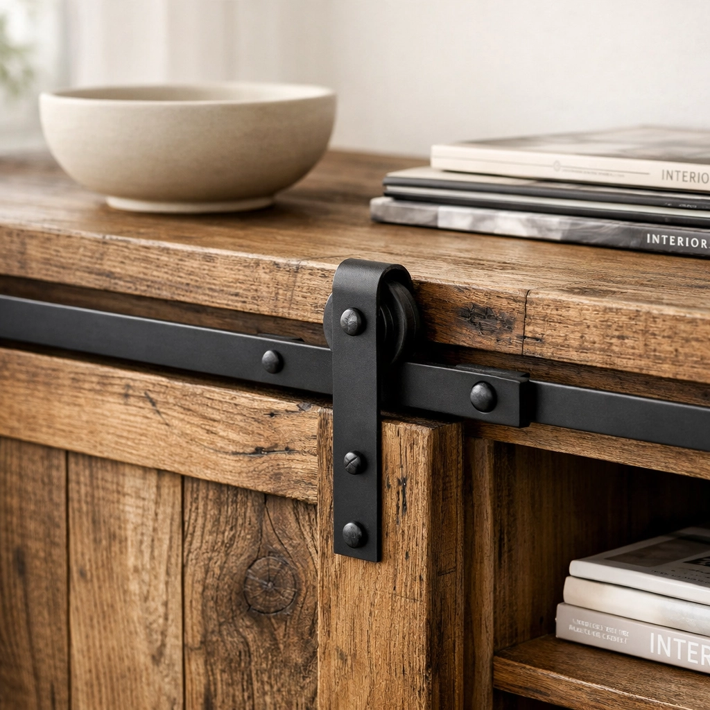 Close-up of farmhouse-style media console wood grain and sliding barn-door hardware for a living room upgrade.